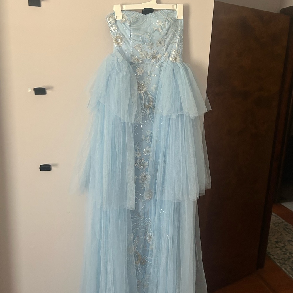 Blue and silver sequins prom dress